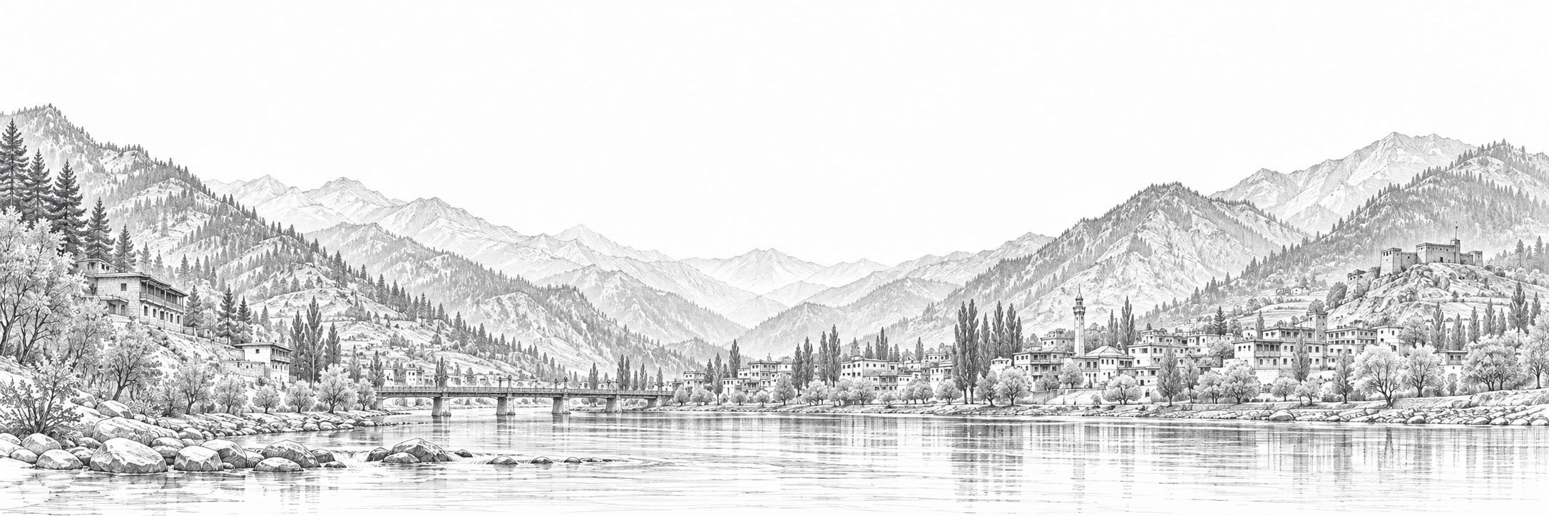 Illustrated panorama of the Swat Valley, with the river, mountain slopes, pine trees, and a distant town